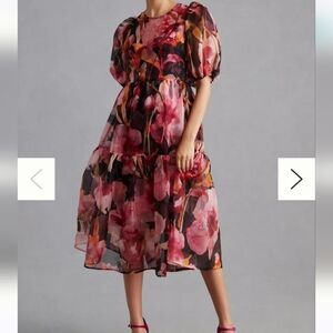 By Anthropologie Puff-Sleeve Organza Midi Dress